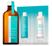 Набор для ухода за окрашенными локонами линии ColorCare бренда Moroccanoil содержит: восстанавливающее масло (100 мл)+шампунь (10 мл) и кондиционер (10 мл) для окрашенных волос.