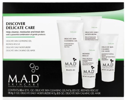 M.A.D Skincare Delicate Discovery Kit Дорожный набор препаратов для чувствительной кожи: Очищающий гель (60 мл)+ Крем дневной для чувствительной кожи(28,4) +Гель от раздражений(14,7 мл) +Гель-маска успокаивающая(14,7 мл)